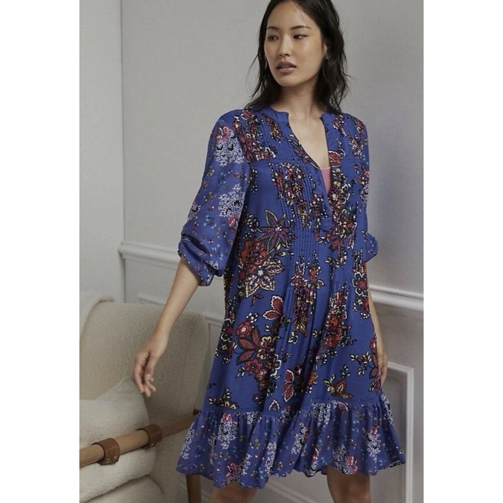Anthropologie Blue Floral Midi Dress
